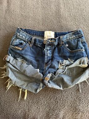 One Teaspoon Blue Distressed Rolled Hem Denim Shorts